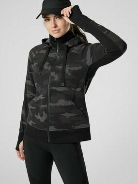 Athleta Black Gray Triumph Camo Printed Full Zip Hoodie Sweatshirt Jacket Small
